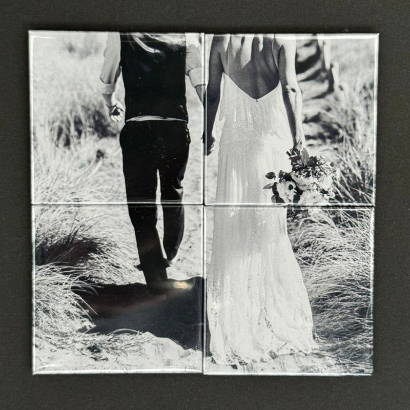 wedding couple walking up the beach on our seperate magnet magnets making one picture
