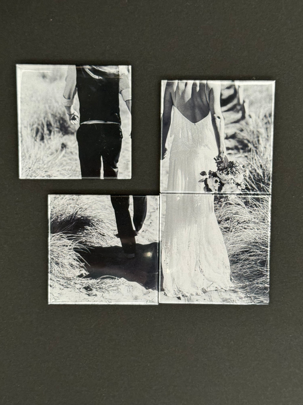 Black and white photo collage of a person walking on grass with a dark background