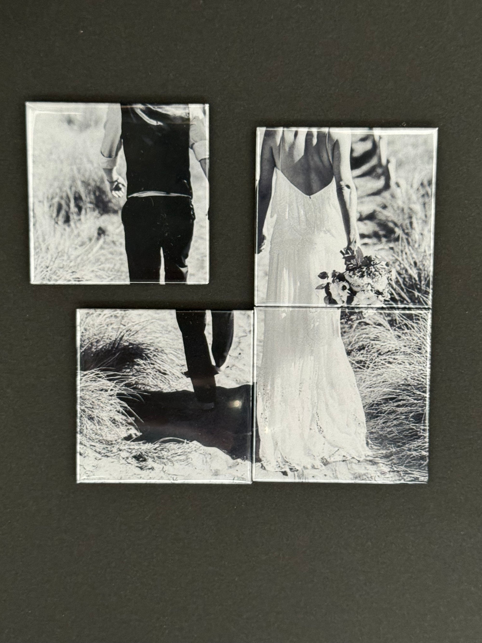 Black and white photo collage of a person walking on grass with a dark background