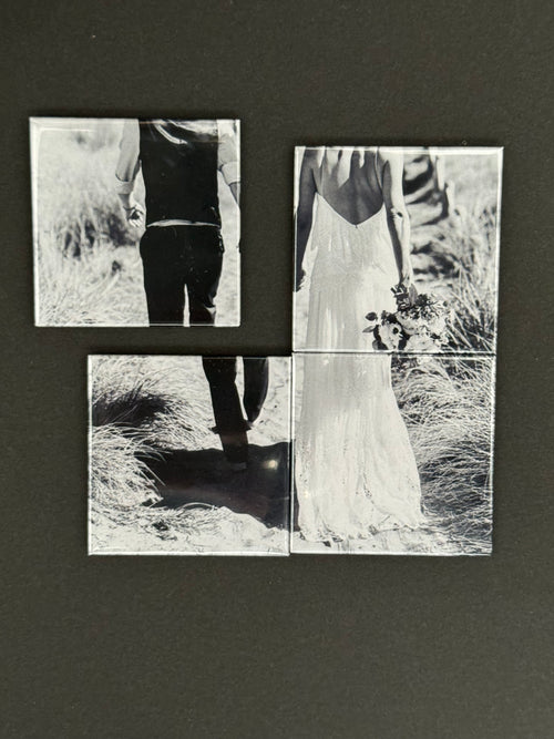 Black and white photo collage of a person walking on grass with a dark background