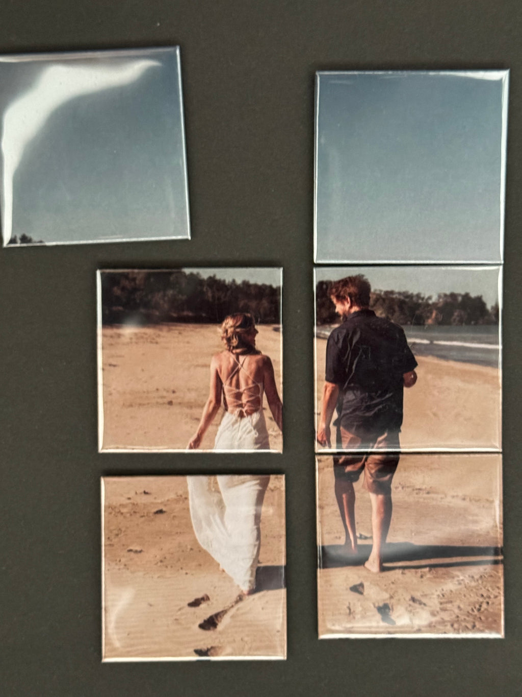 Set of six square photographs on a dark surface