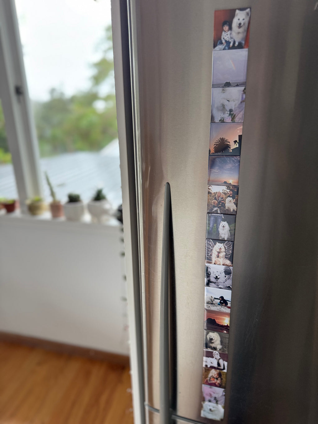 Fridge with a vertical photo magnet strip featuring multiple small images, set against a indoor background.