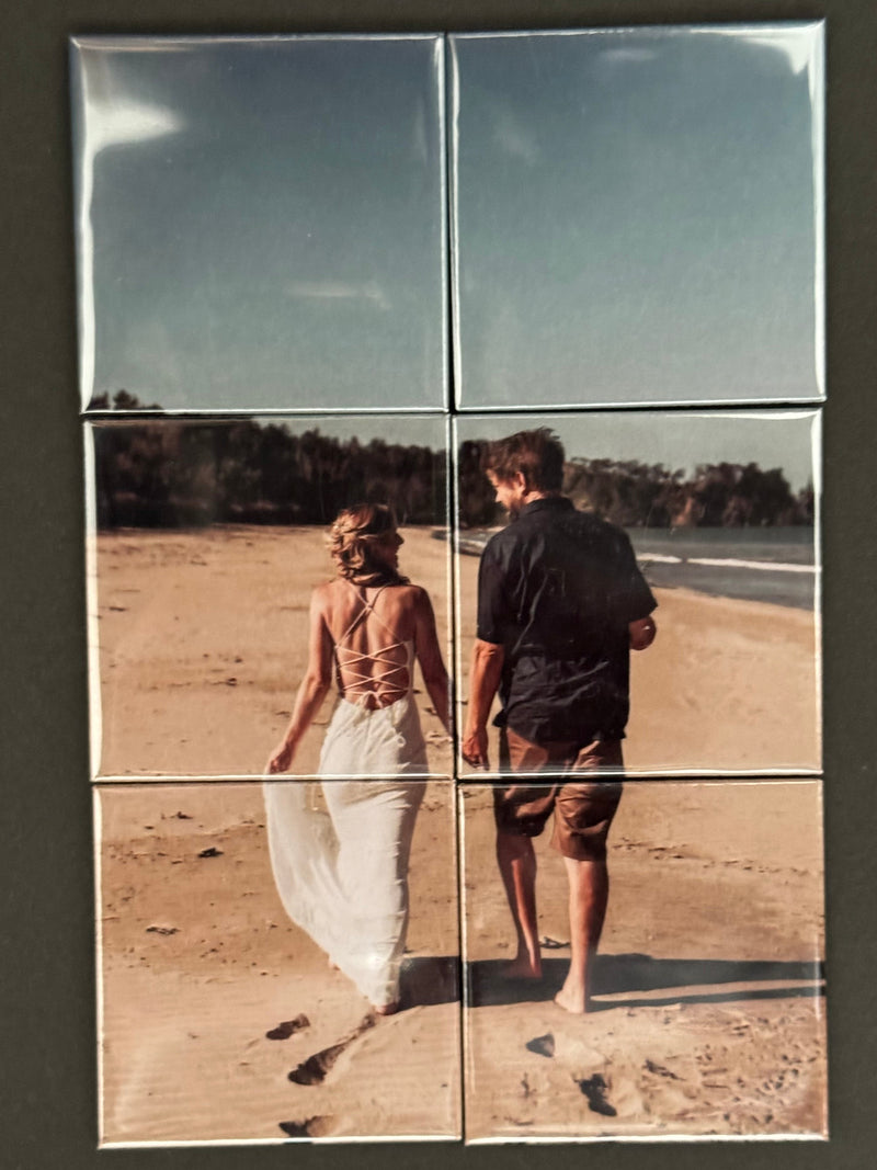 wedding photo of couple on beach in mosaic magnets